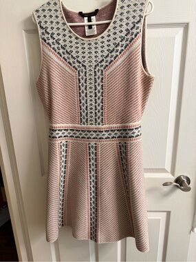 BCBG Maxazria Sleeveless Textured Fit & Flare Dress in Pink and Navy